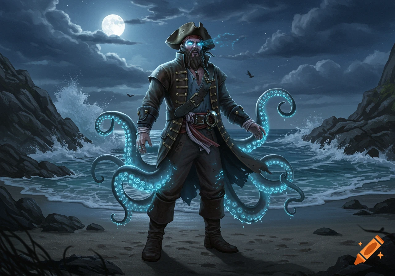 A bearded pirate with glowing blue octopus tentacles emerging from his back stands on a moonlit beach with crashing waves.