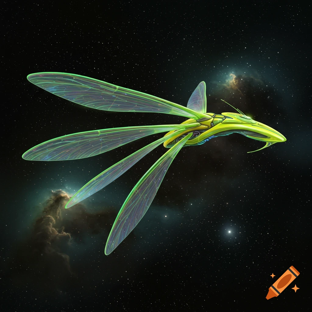 A sleek, bright yellow-green, insect-like starship with four translucent wings flies through a starry space with nebulas.