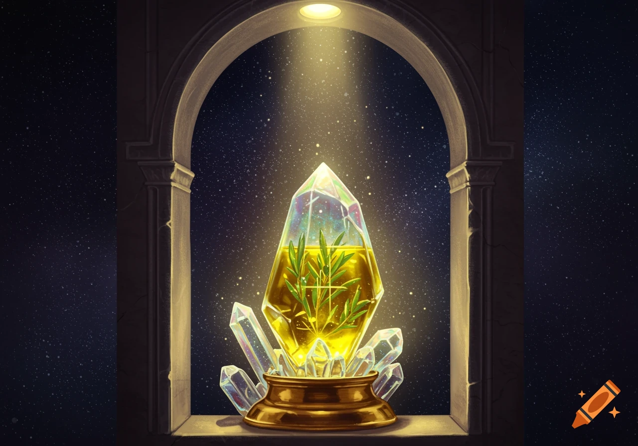 A glowing crystal containing yellow liquid and green leaves, set on a golden pedestal within a stone archway against a starry night sky, illuminated by a light from above.