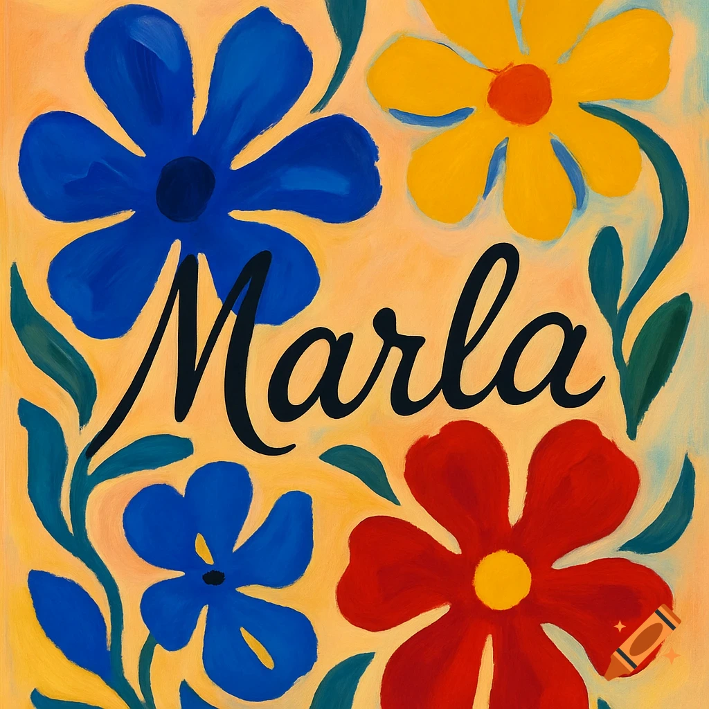 A Matisse-inspired painting with blue, yellow, and red flowers on an orange background, featuring the name 'Marla' in black script.