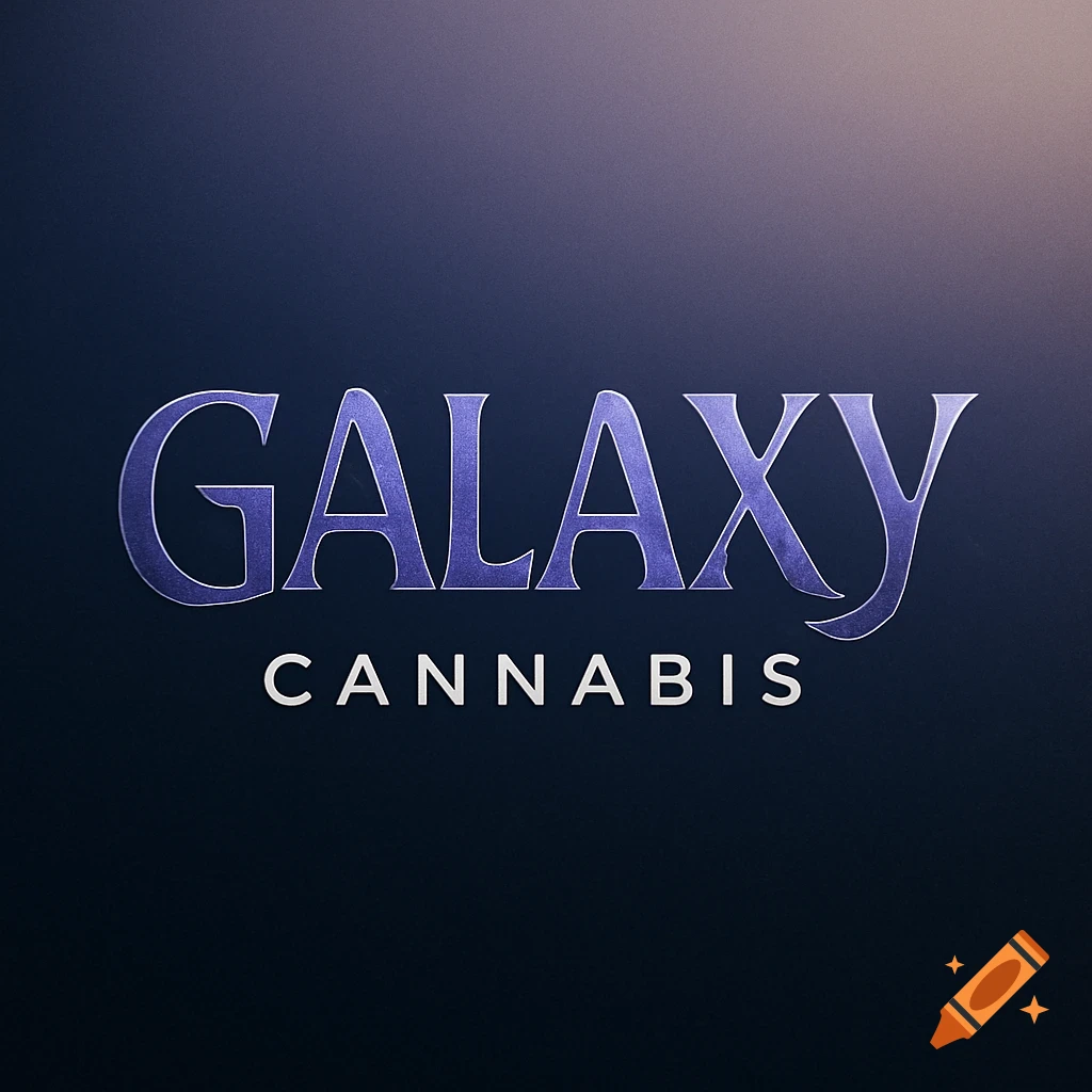 Logo for Galaxy Cannabis, featuring purple metallic 'GALAXY' text and white 'CANNABIS' text on a dark blue background.