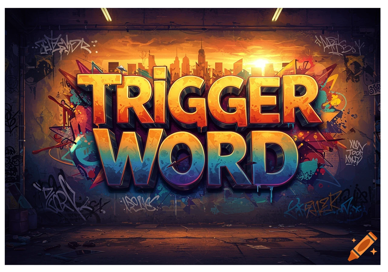 3D-style graffiti art spelling 'TRIGGER WORD' on a grunge wall, with a cityscape and sunset in the background.