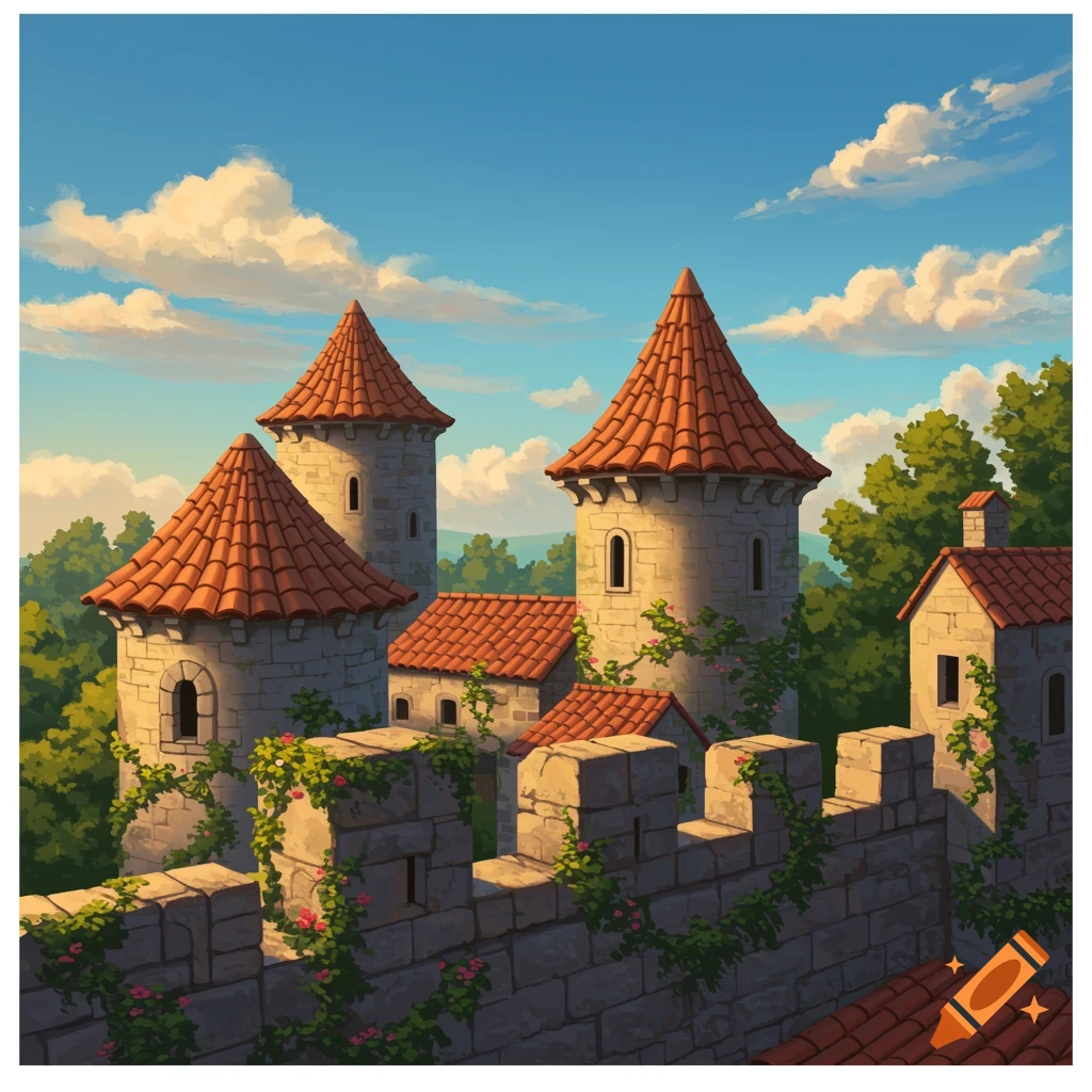 A colorful illustration of a medieval castle with stone walls, red-tiled towers, and green vines, under a blue sky with white clouds.