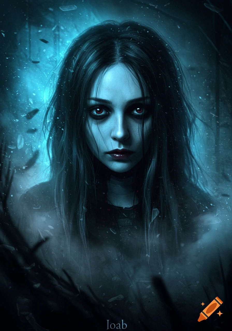 A stylized portrait of a pale woman with long dark hair and glowing red eyes, surrounded by shattered glass in a dark, ethereal blue setting.