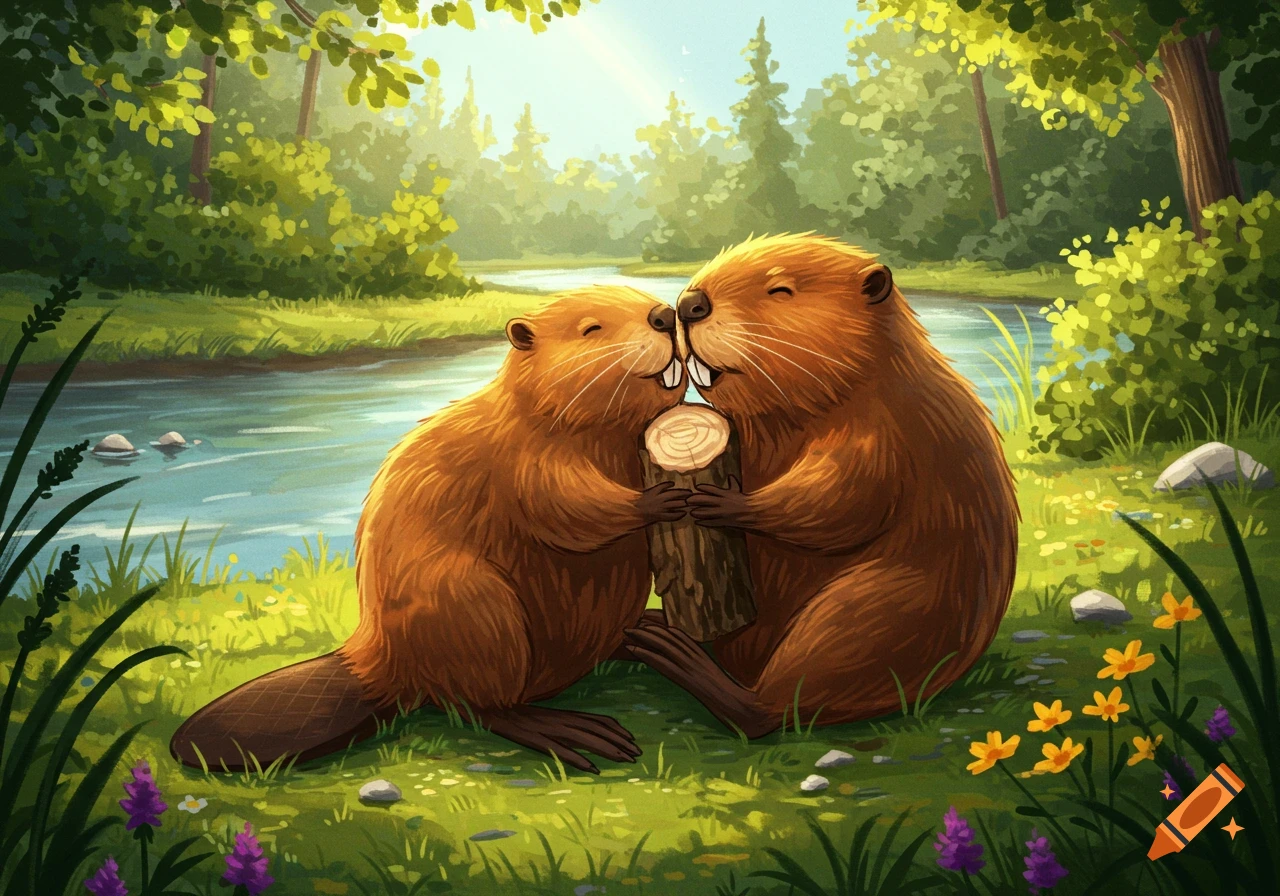 Two cartoon beavers embrace a small log by a river in a sunlit forest, noses touching in a cute moment.