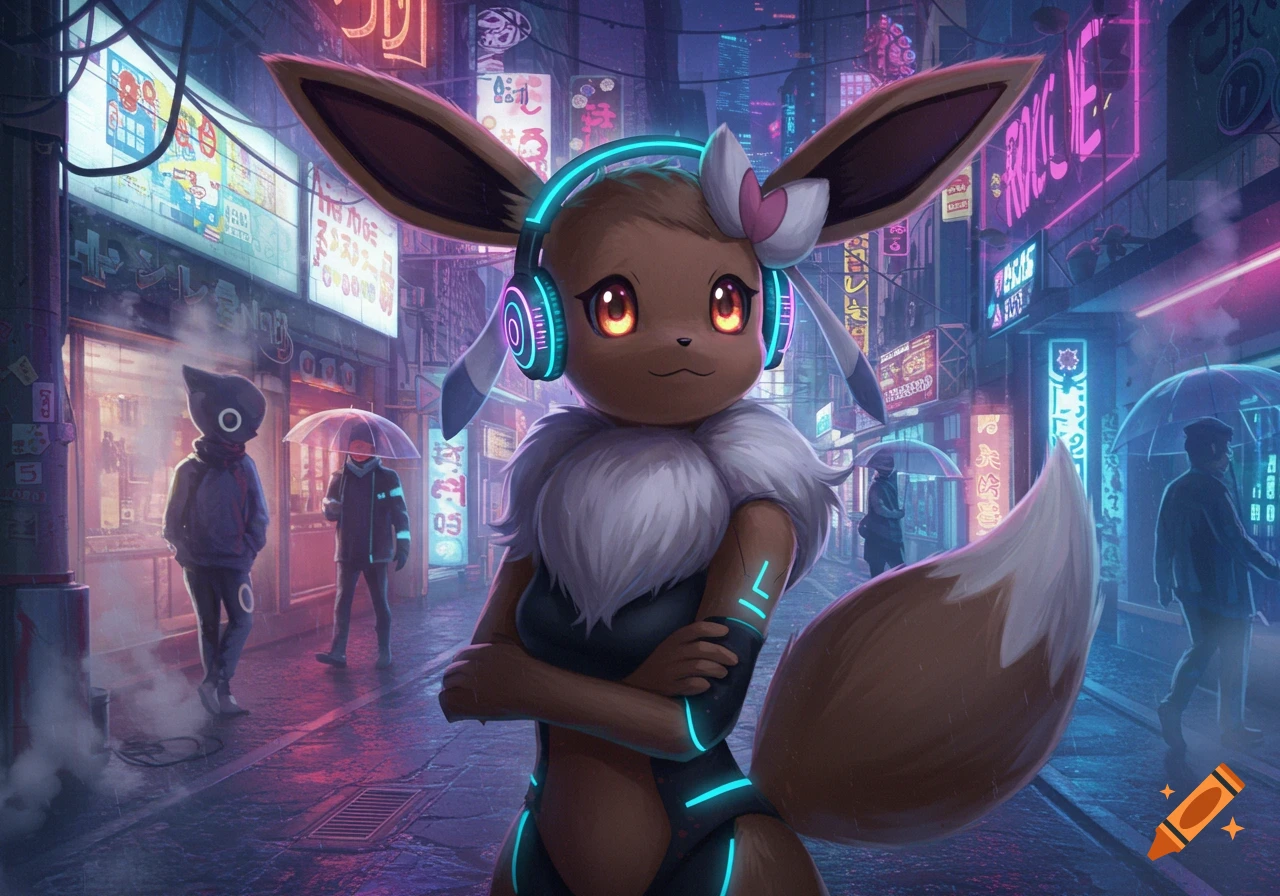 A humanoid Eevee wearing headphones stands in a neon-lit cyberpunk city street at night.