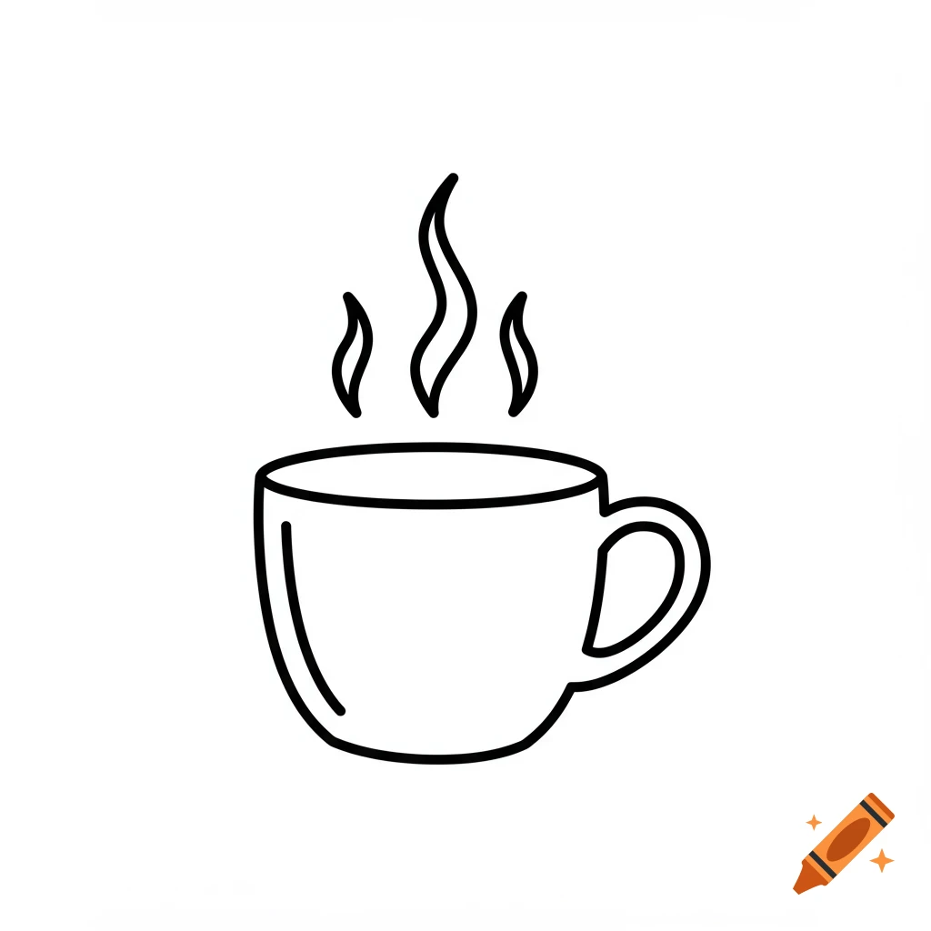 A simple black and white line drawing of a steaming mug.