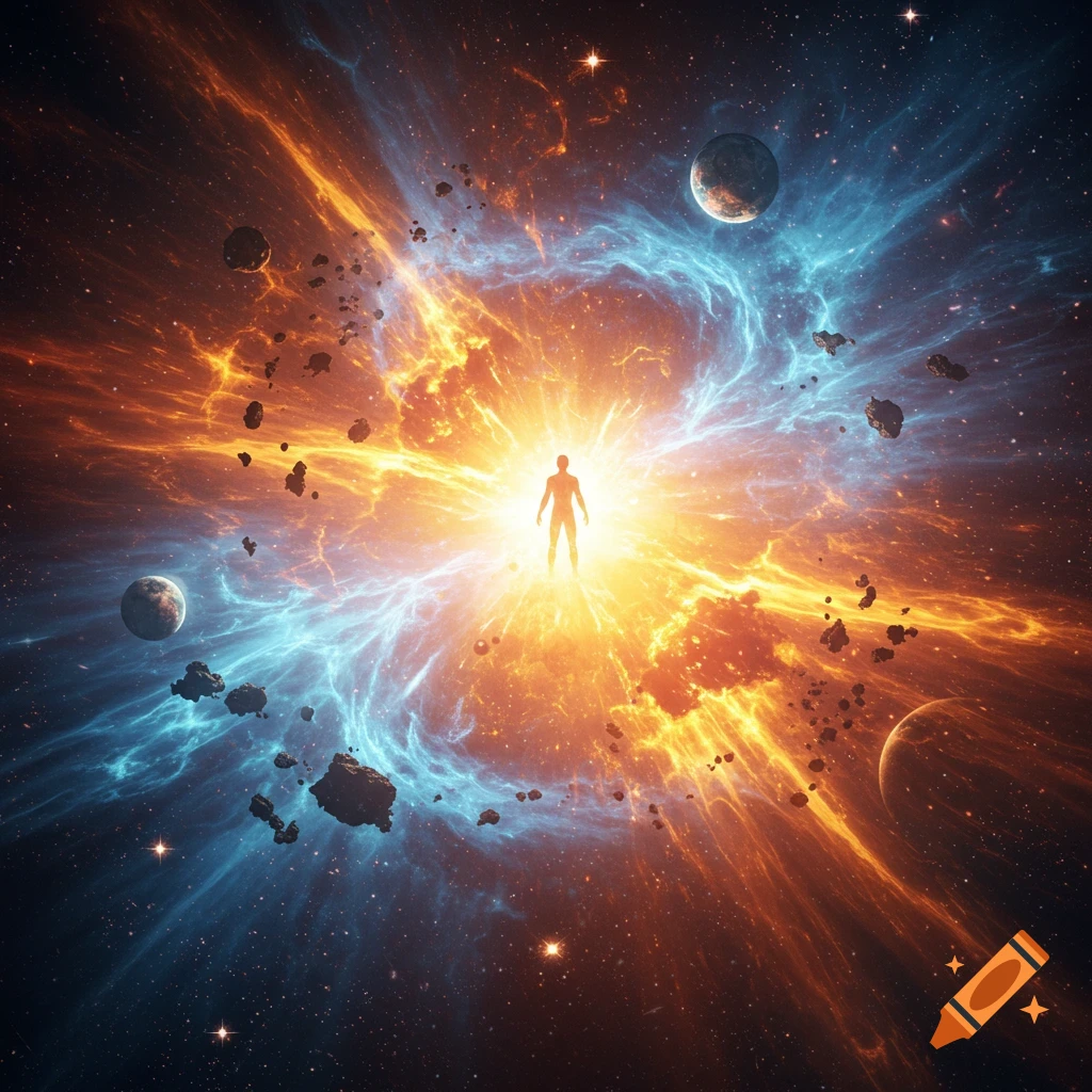 A silhouetted human figure stands in a bright cosmic explosion with swirling orange and blue nebulae, planets, and asteroids in space.