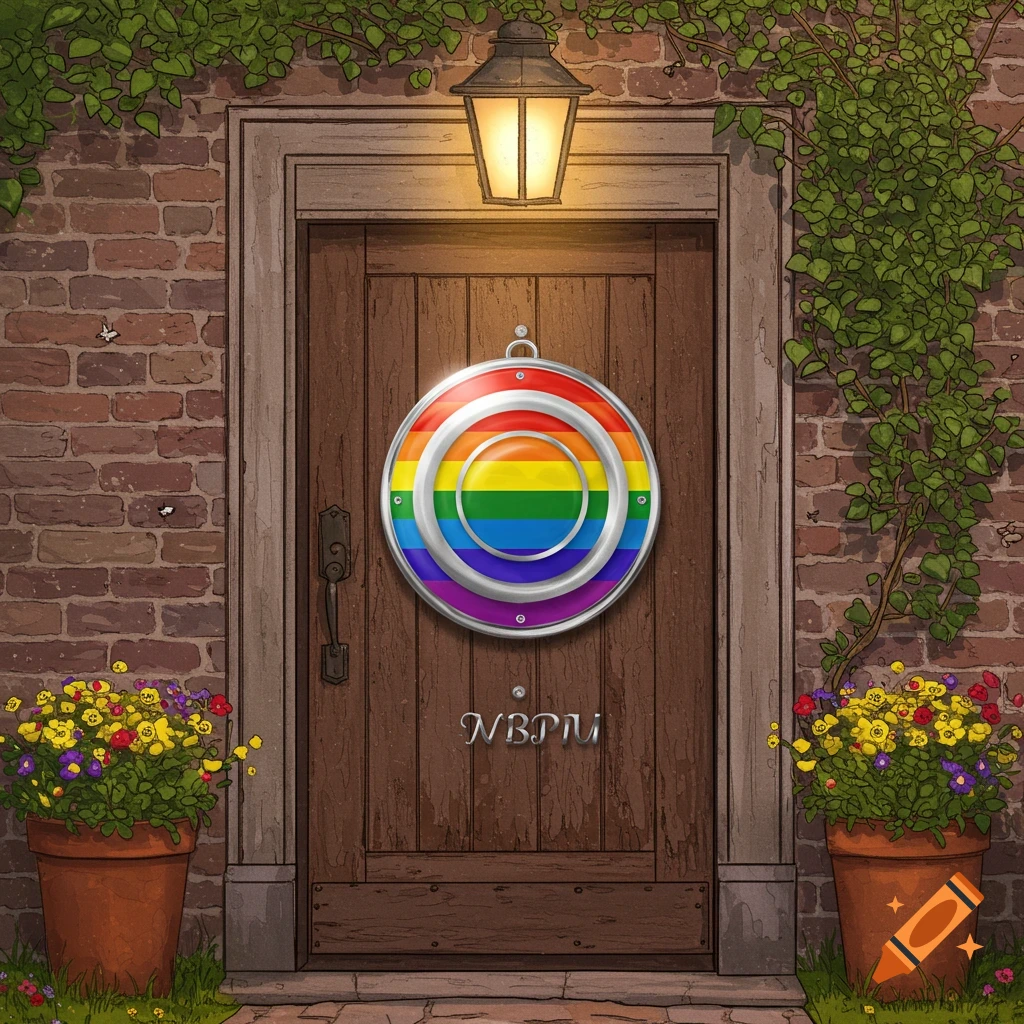 A rustic wooden door with a rainbow-colored circular sign, flanked by potted flowers and climbing ivy, under a glowing lantern.