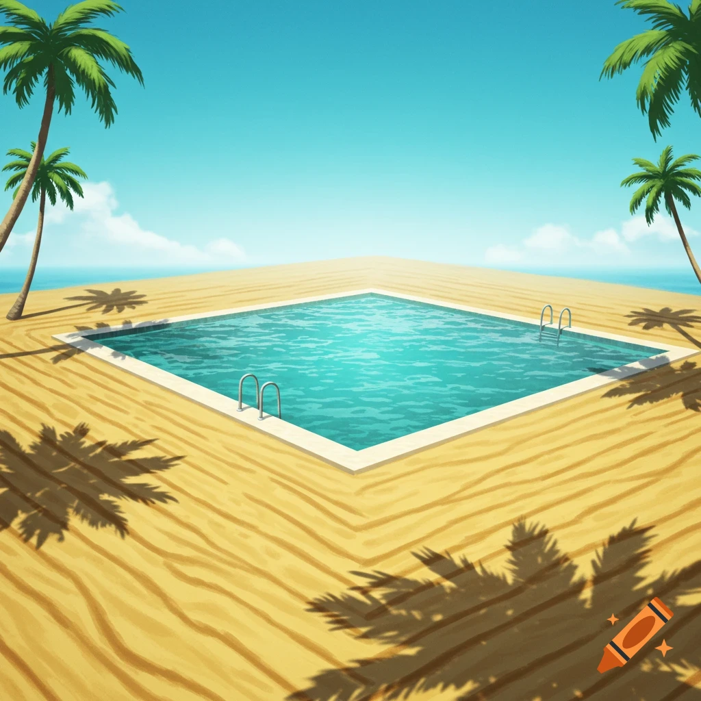 A stylized illustration of a square swimming pool on a sandy beach with palm trees and an ocean.
