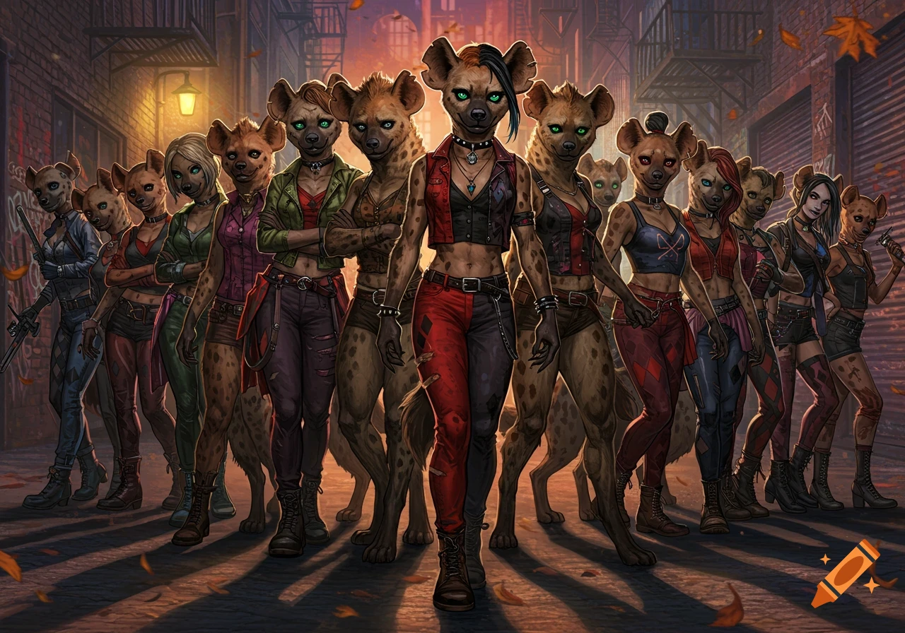 A digital illustration of a group of anthropomorphic hyena women in punk clothing standing in a dark urban alleyway.
