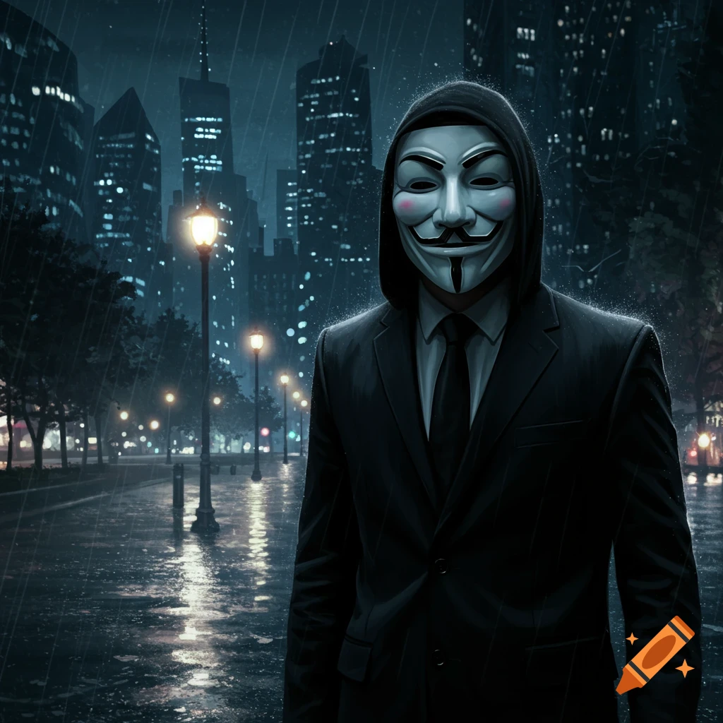A person in a Guy Fawkes mask and black suit stands on a wet city street at night in the rain, with blurred city lights in the background.