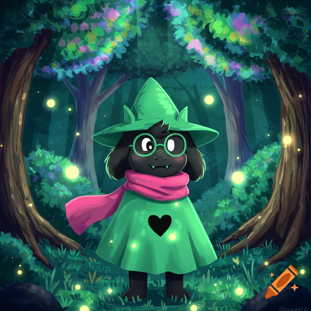 Cute black goat character in green robe, hat, and pink scarf stands in a glowing magical forest at night.