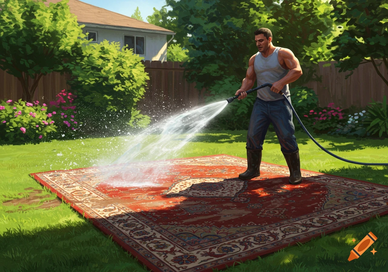 A man spraying high-pressure water onto a dirty red rug laid on green grass in a sunny backyard.