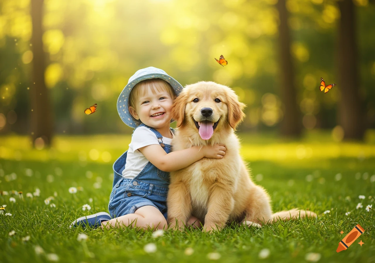 A joyful child in overalls and a sun hat hugs a happy golden retriever puppy in a sunny, green park with butterflies.