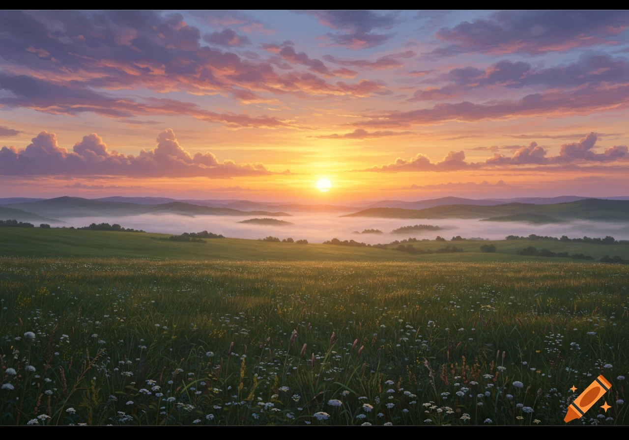 Vibrant sunrise over a grassy field with wildflowers, misty valleys, and rolling hills under dramatic pink and purple clouds.