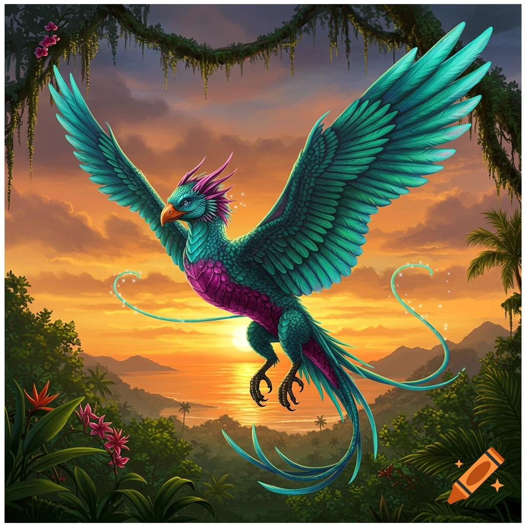 A vibrant teal and magenta fantasy bird-dragon with large wings flies over a tropical jungle at sunset.