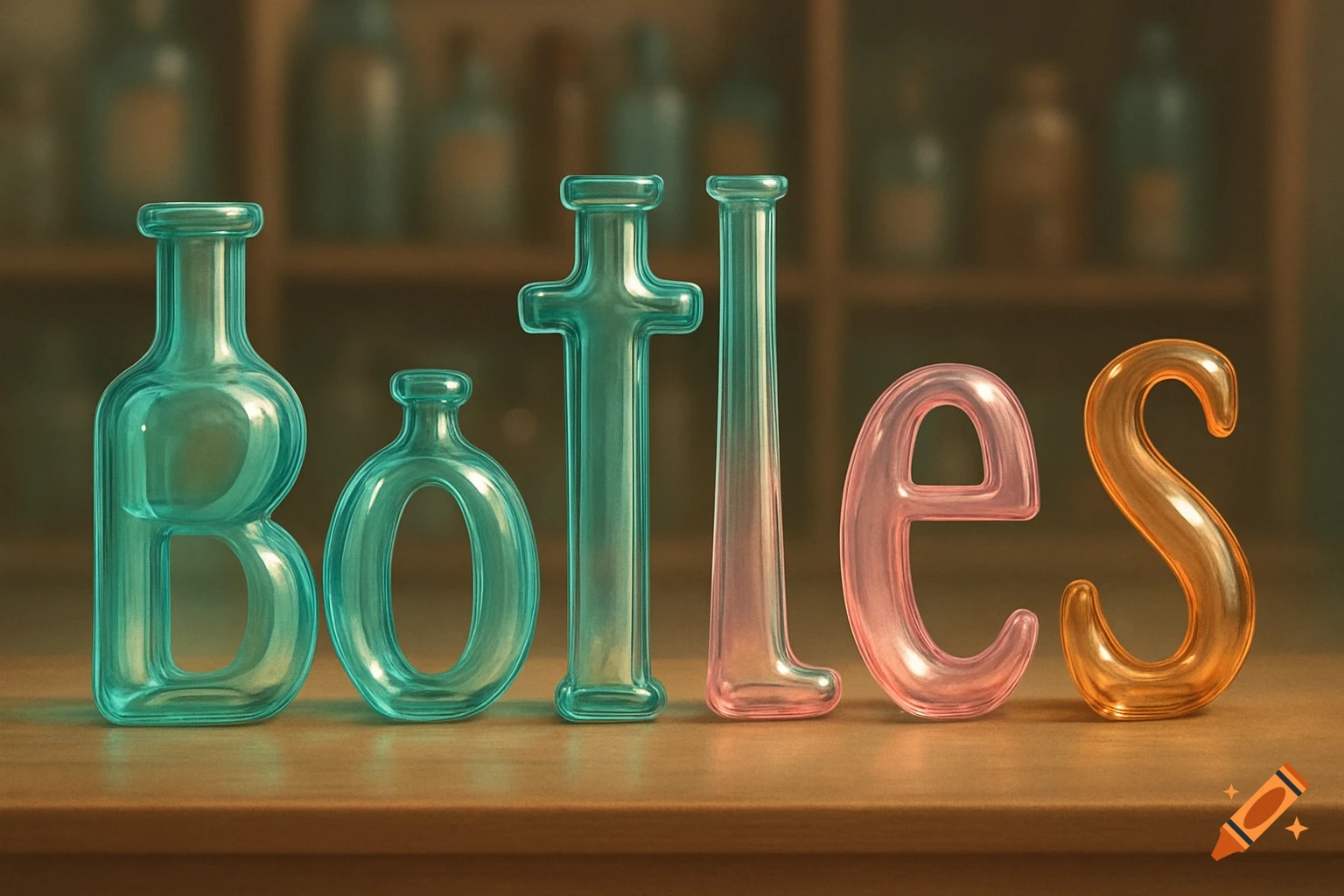 The word 'Bottles' spelled out by transparent, colorful glass bottle-shaped letters on a wooden surface.