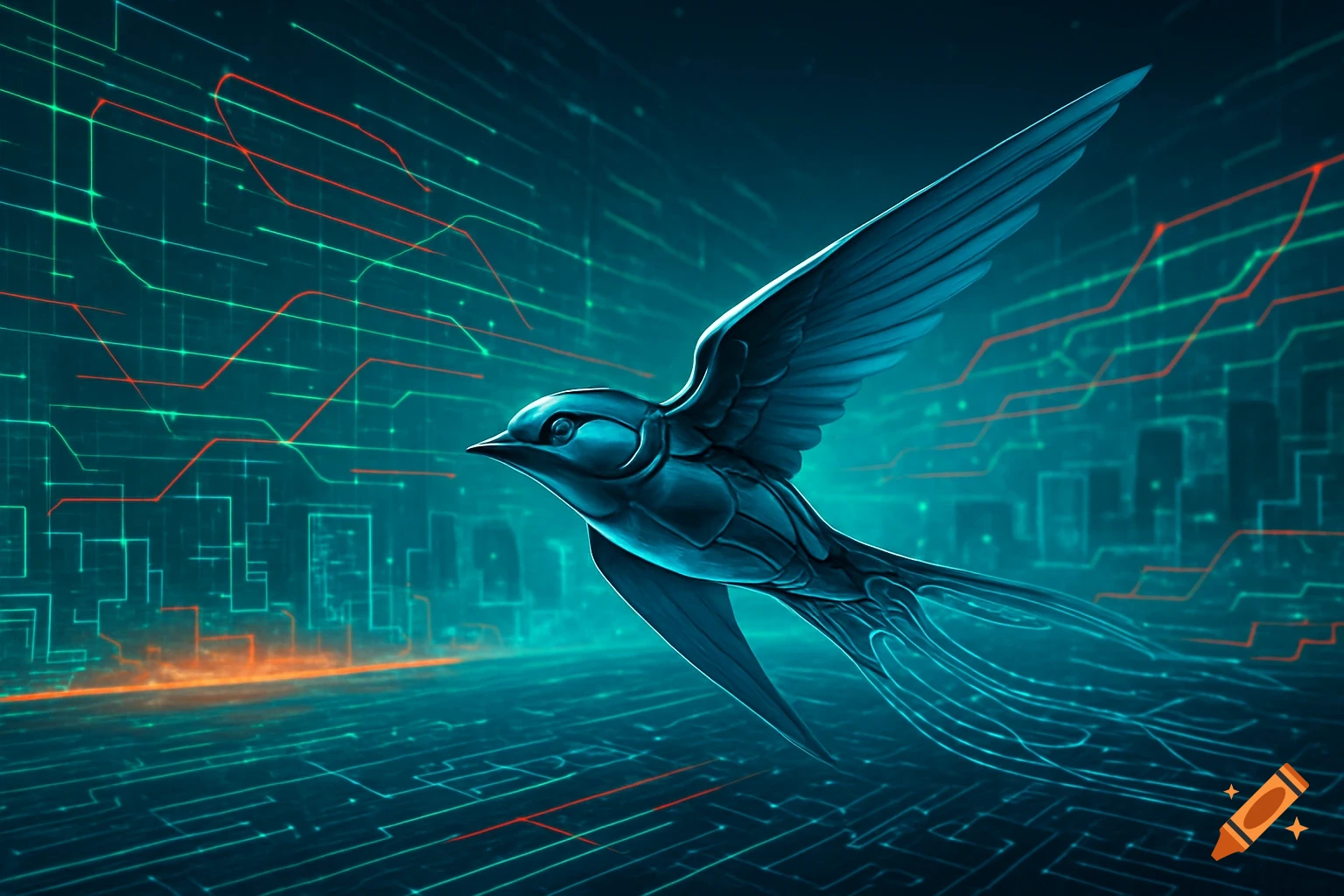 A stylized blue bird with outstretched wings flies over a dark blue digital background filled with glowing green and red circuit lines.