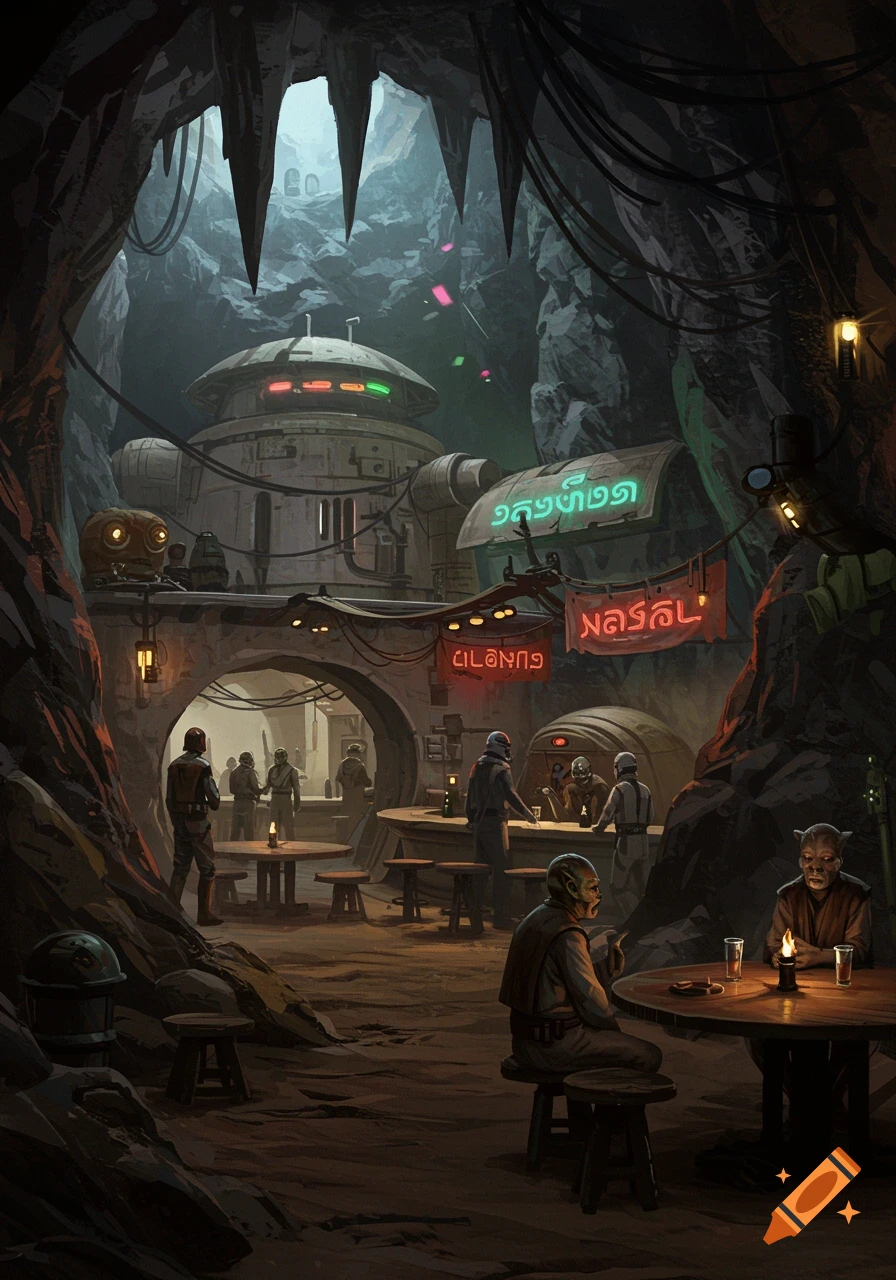 A dingy, bustling sci-fi cantina built inside a large, rocky cave, with patrons and neon signs.