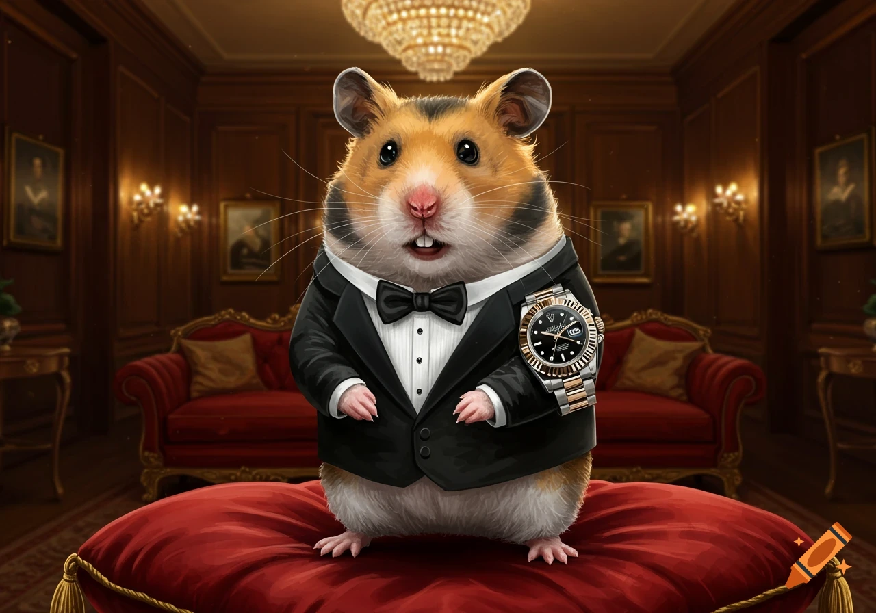 A hamster in a tuxedo wearing a Rolex watch, standing on a red pillow in a luxurious, wood-paneled room.