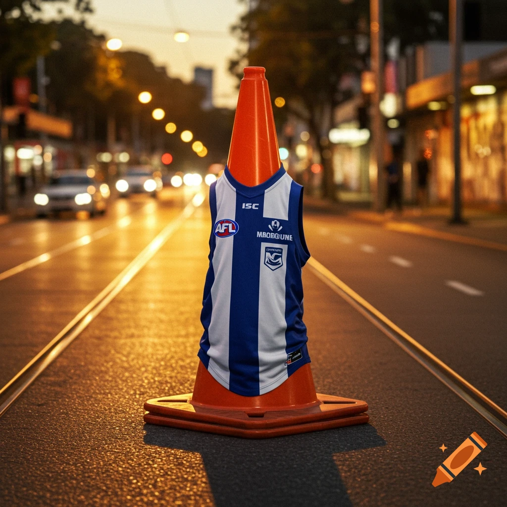 An orange traffic cone wears a blue and white striped football jersey while standing on a city street at dusk, with blurred car lights in the background.