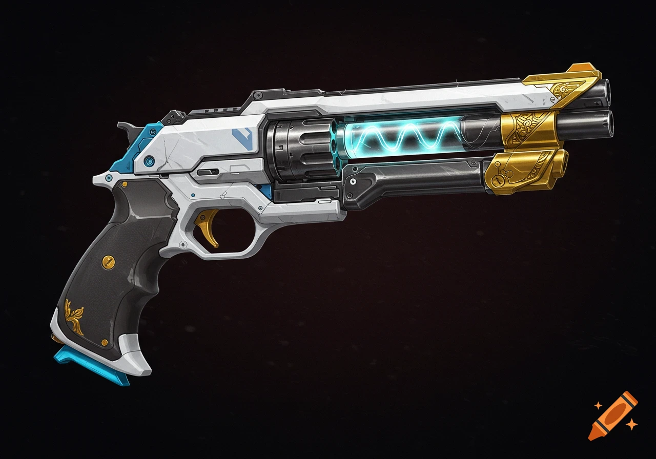 A stylized white, black, gold, and blue futuristic handcannon gun with a glowing blue energy core.