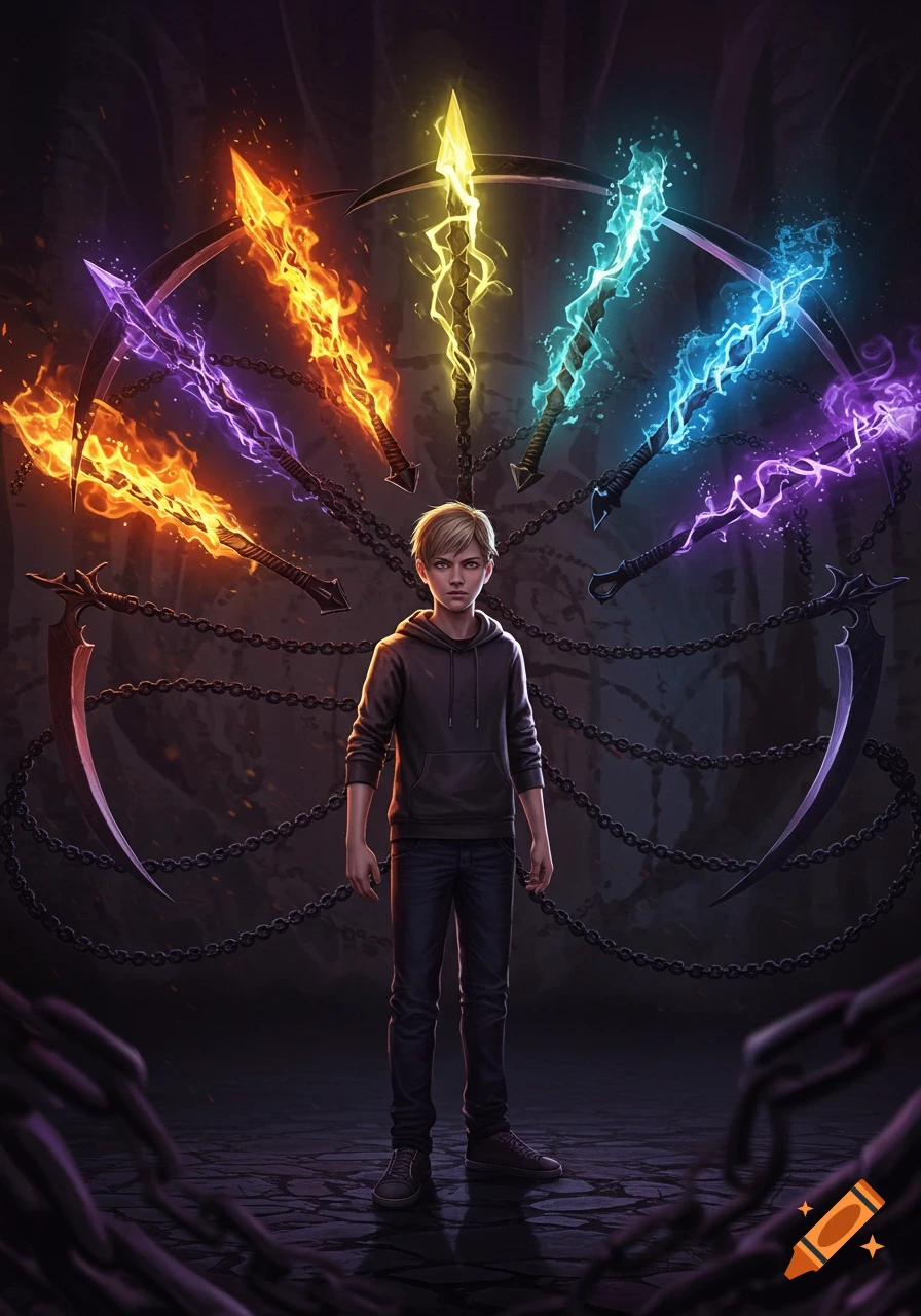 A boy with blonde hair stands amidst an array of six chained, glowing elemental sickles in a dark, cavernous setting. Each sickle glows a different color.