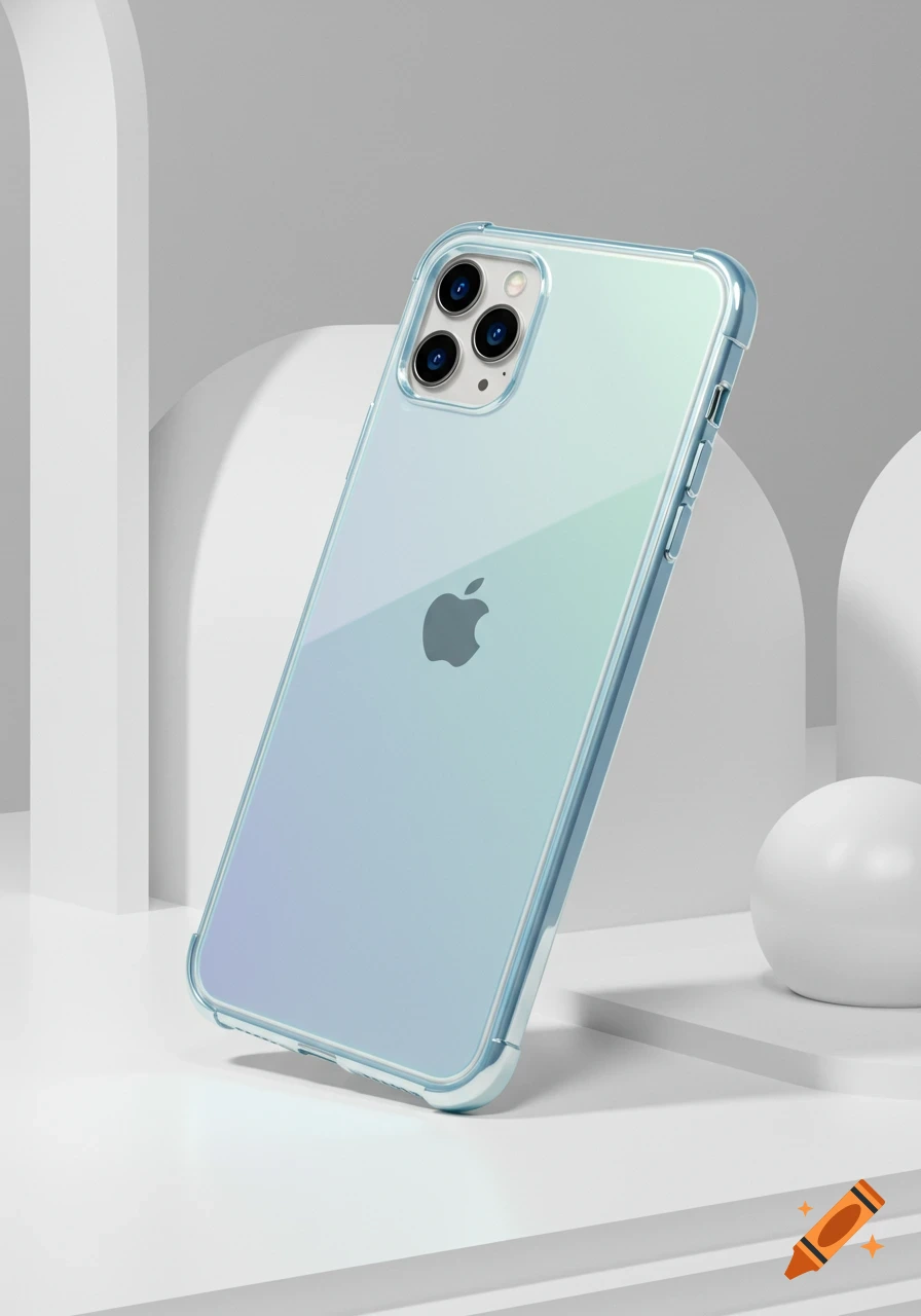 A photorealistic product shot of an iPhone with a blue-green gradient back and a clear case, set against a minimalist white background.