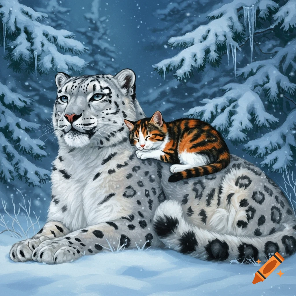 A calico cat sleeps peacefully on the back of a large snow leopard in a snowy forest with falling snow.