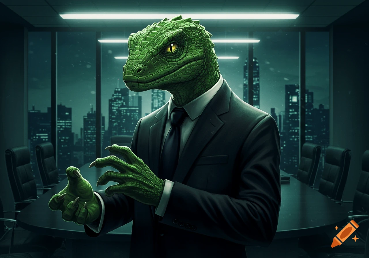 Photorealistic digital art of a green lizard man in a dark suit standing and gesturing in a modern office with a city skyline at night.