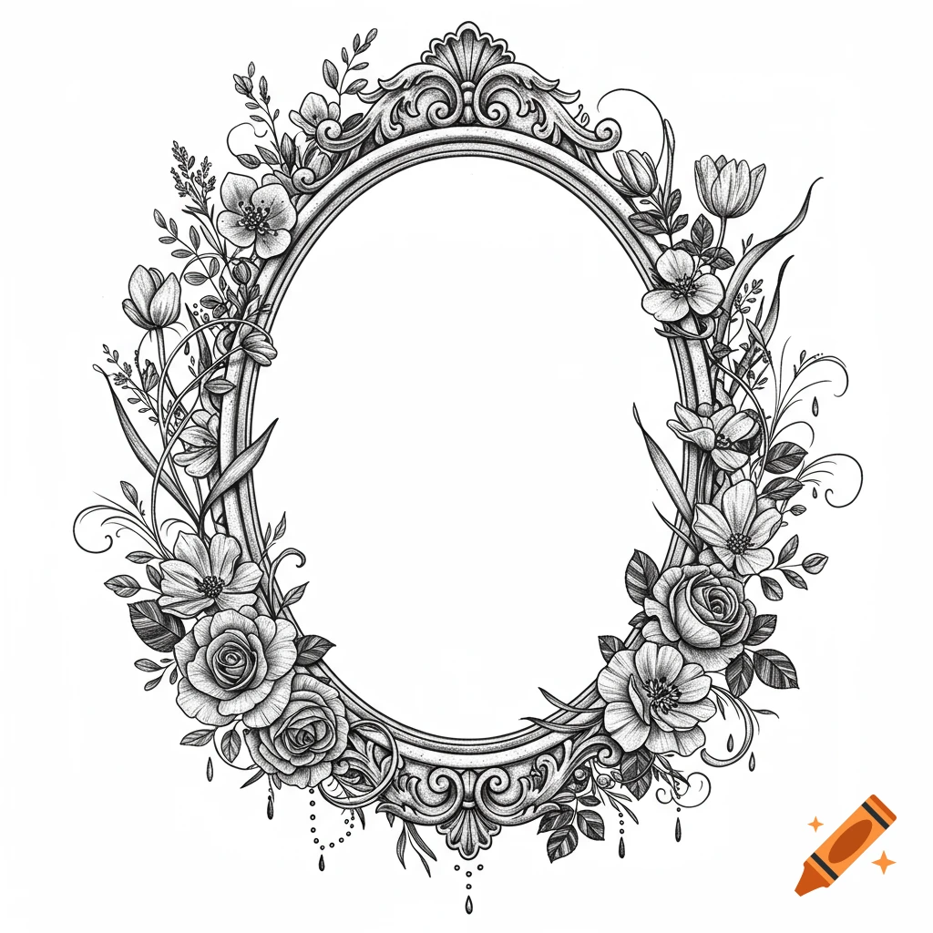 Black and white illustration of an ornate oval antique frame surrounded by delicate wildflowers, roses, tulips, leaves, and swirling vines.