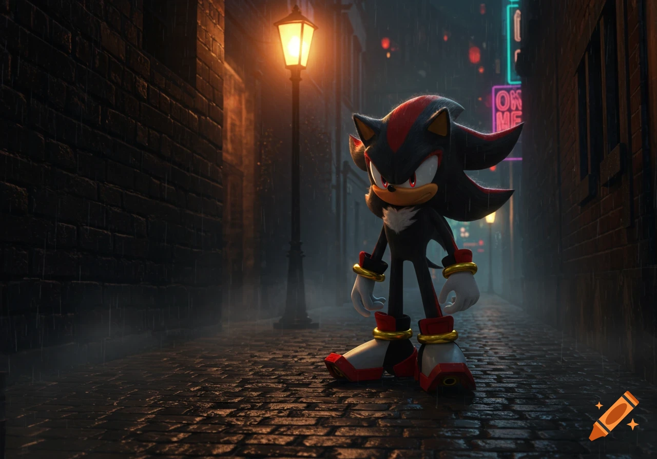 Shadow the Hedgehog stands in a dark, rainy alleyway under a glowing street lamp, with neon signs in the background.