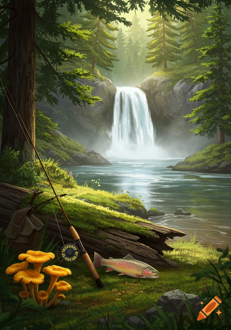 Illustrated forest scene with a waterfall, river, fishing rod, trout, and chanterelle mushrooms on a log.