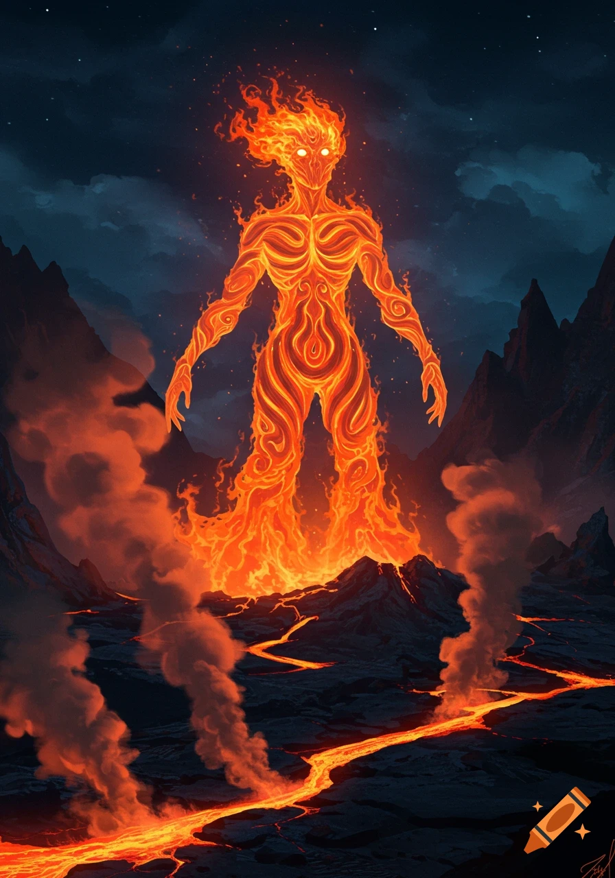 A humanoid creature made of swirling flames stands in a fiery volcanic landscape with glowing lava rivers and smoke plumes.