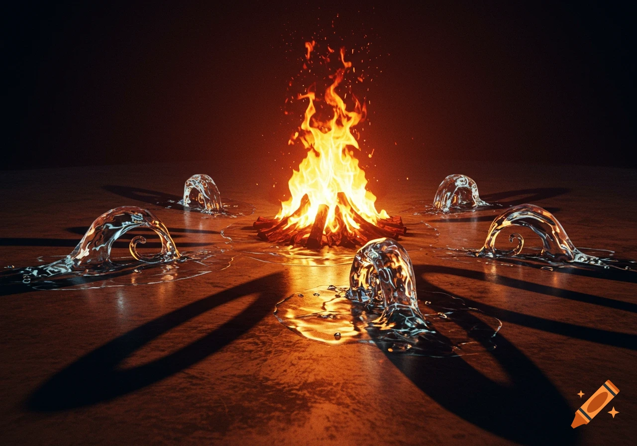 A large bonfire surrounded by five swirling water forms on a dark, reflective surface with long shadows, in a dramatic, photorealistic style.