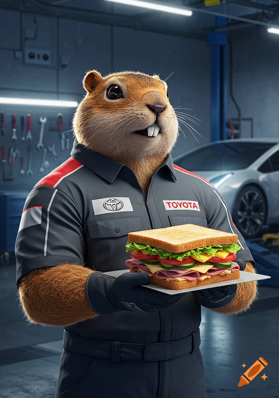 A photorealistic gopher in a Toyota mechanic uniform holds a large sandwich in a garage.