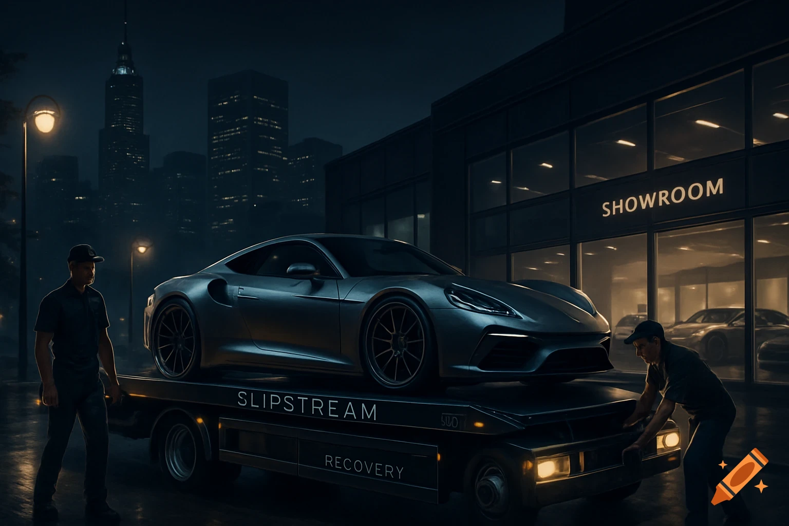 A luxury car is loaded onto a flatbed tow truck by two workers at night in front of a city showroom.