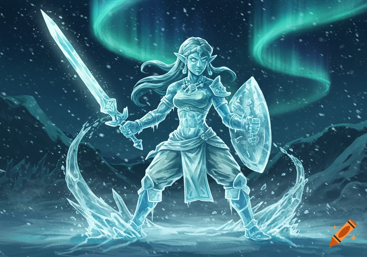 An ice elf warrior with a sword and shield stands in a snowy landscape under the aurora borealis.
