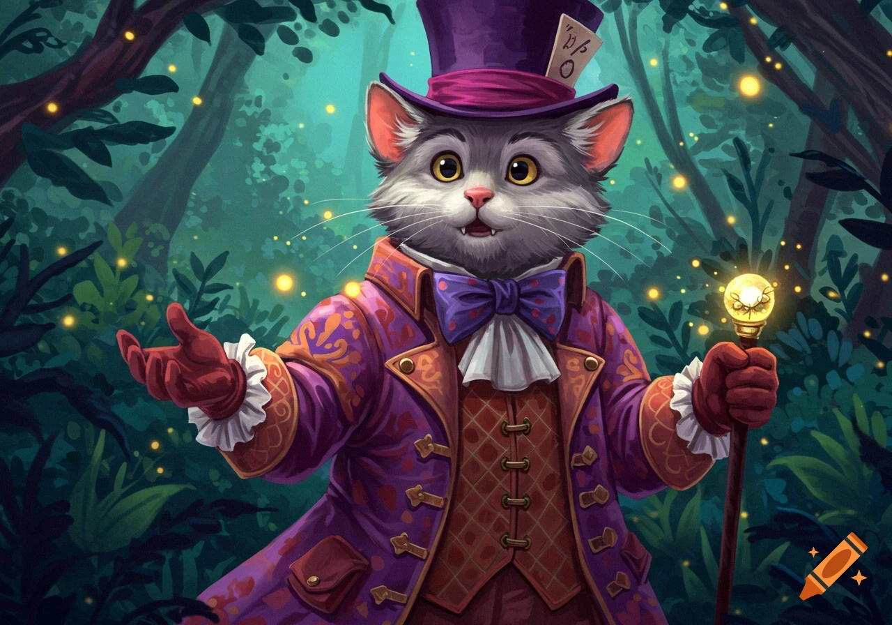 A whimsical cat character dressed in a purple Mad Hatter-style outfit, holding a glowing staff, stands in a magical forest with fireflies.