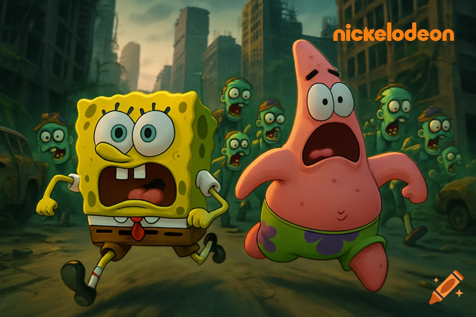 SpongeBob and Patrick run in fear from a horde of green-skinned zombies in a decaying, abandoned city, with the Nickelodeon logo in the top right.