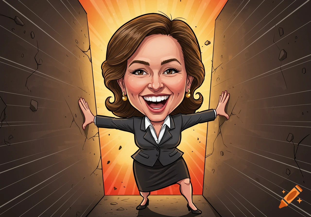 A caricature of a professional woman with a proud, determined smile, pushing against two tight walls.