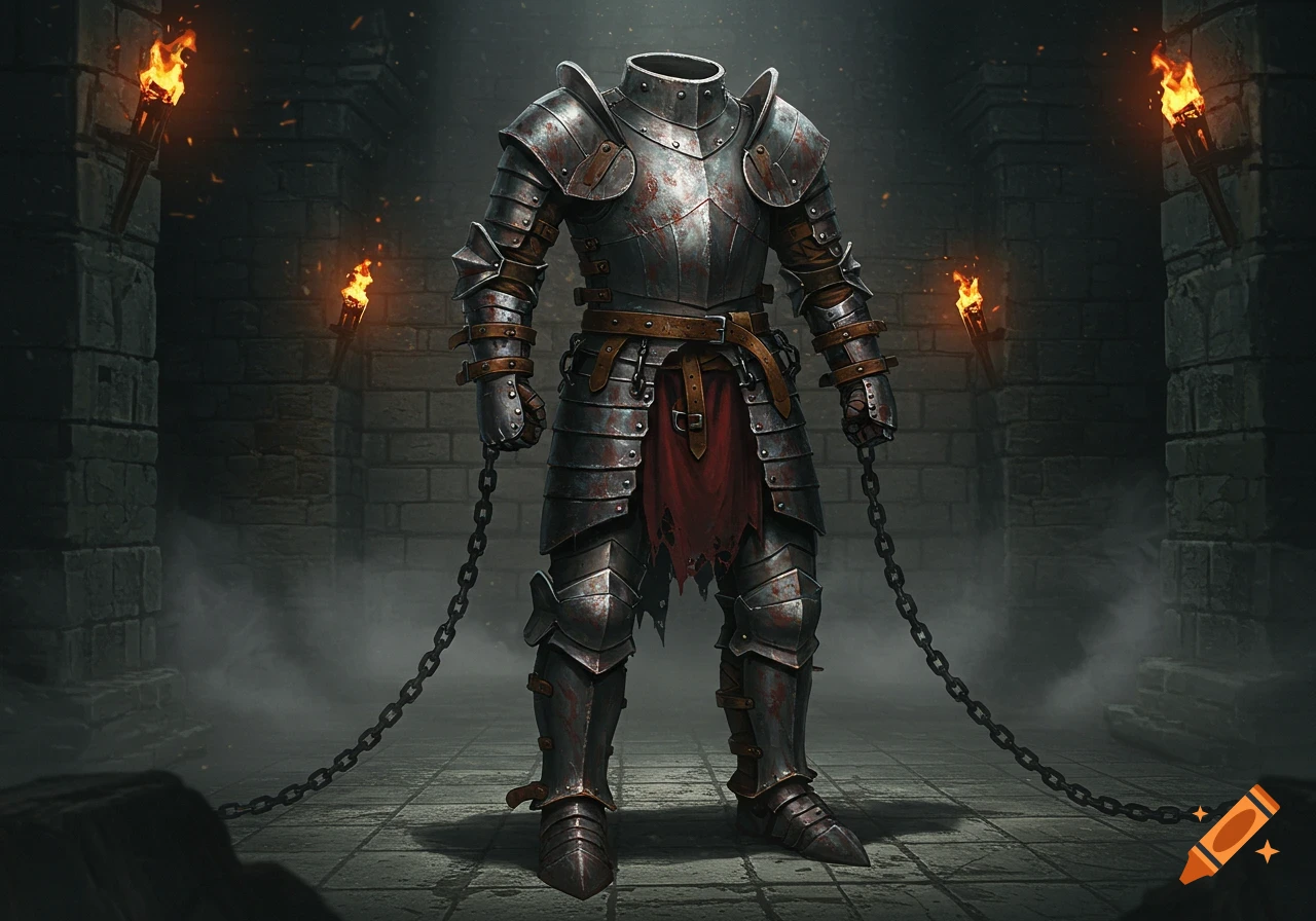 A headless, rusty suit of ancient armor stands chained in a dimly lit stone dungeon, illuminated by wall torches.