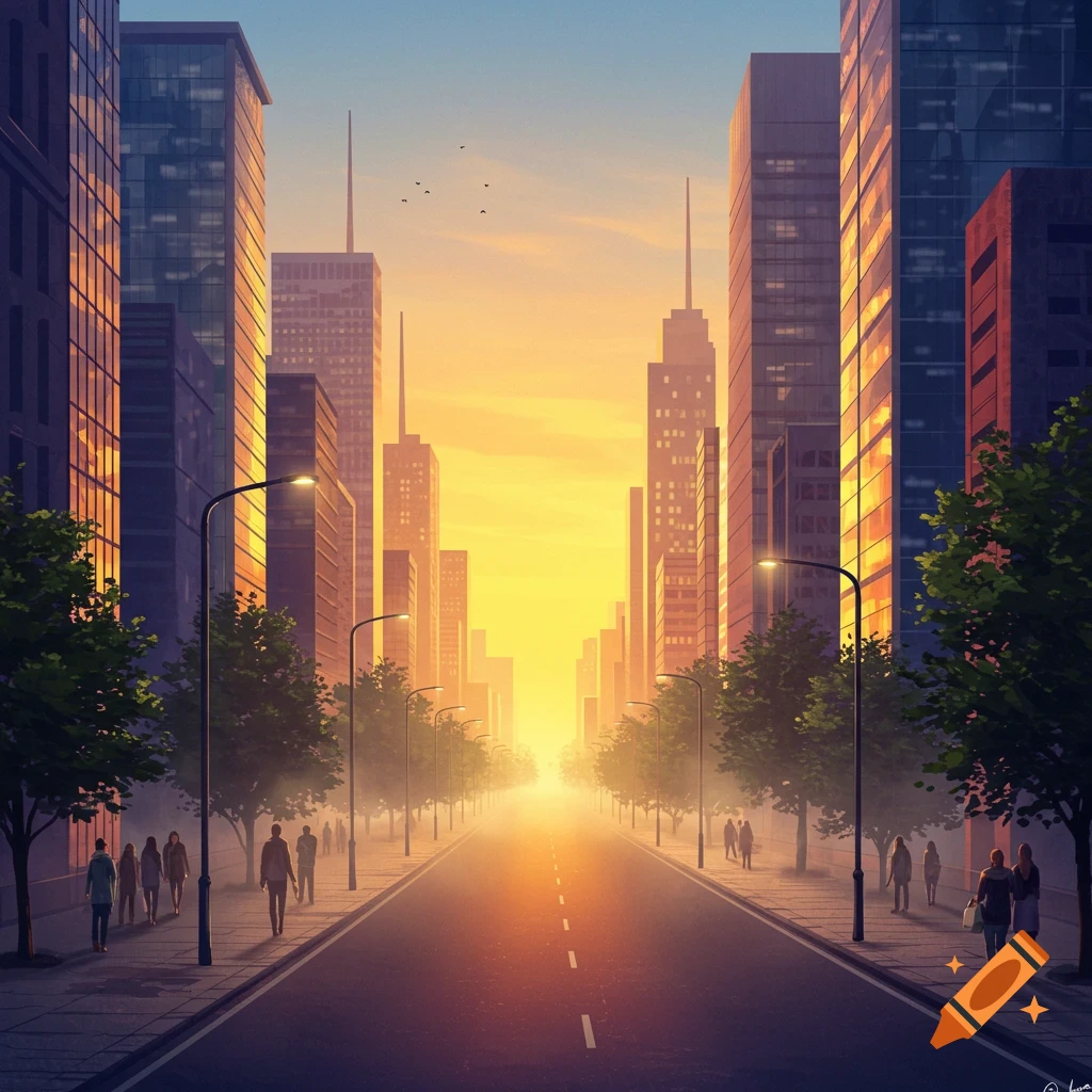A wide city road at sunset, lined with tall buildings and trees, with people walking on the sidewalks in a digital painting style.