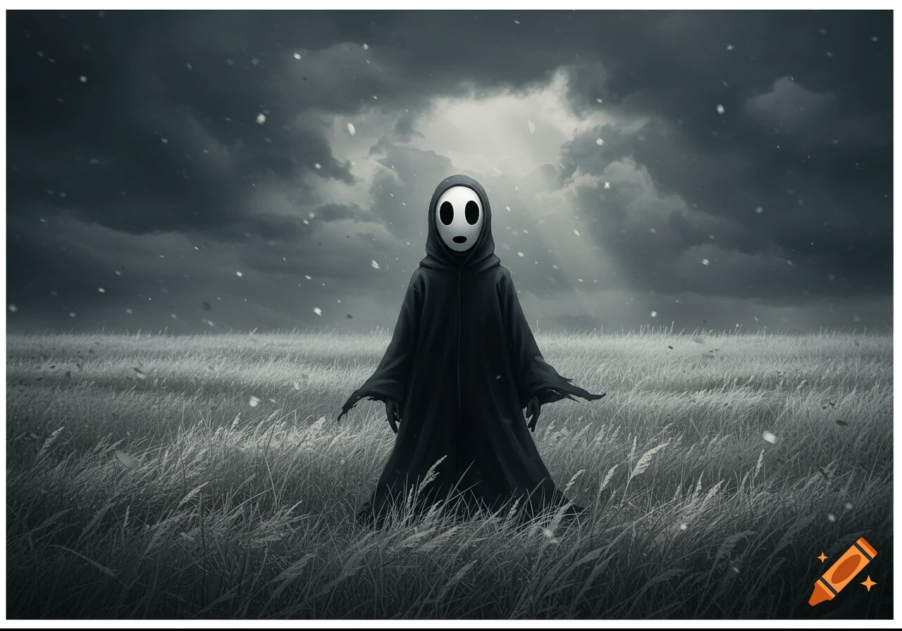 A masked, cloaked figure stands in a gloomy field with dark clouds and falling snow.
