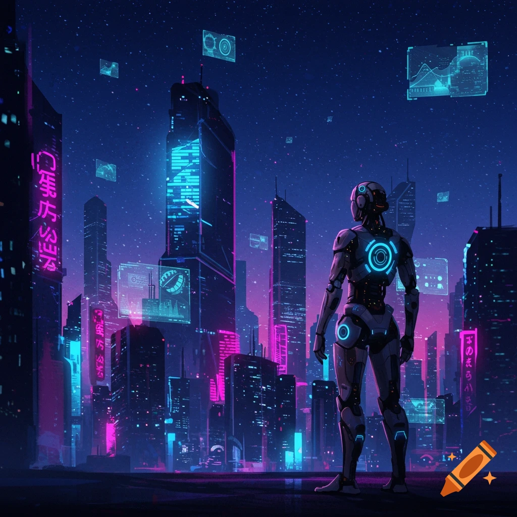 A robot stands facing away in a futuristic cyberpunk city at night, illuminated by neon lights and holographic displays.
