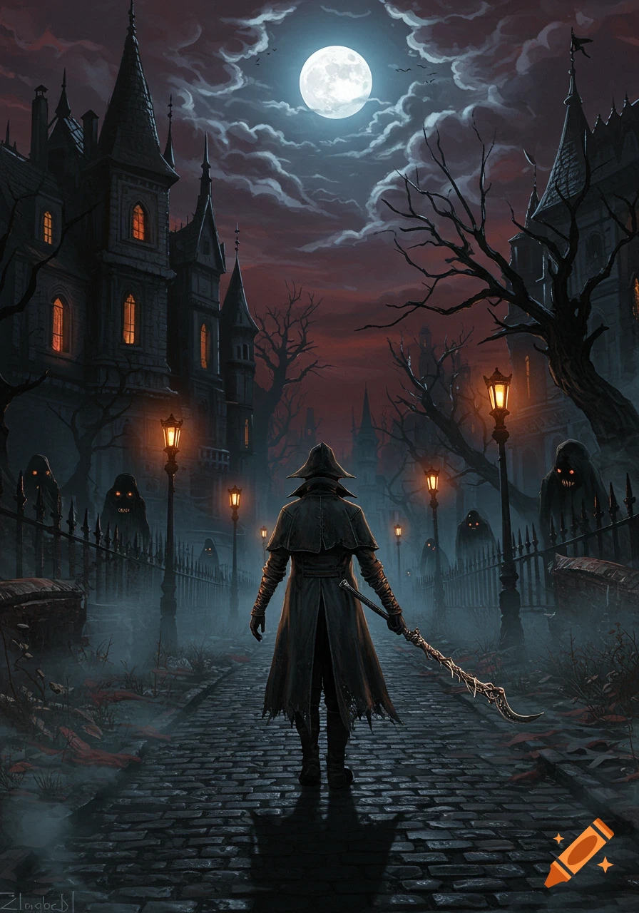 A cloaked figure walks down a cobblestone street at night, with gothic buildings, streetlights, and shadowy figures under a full moon.