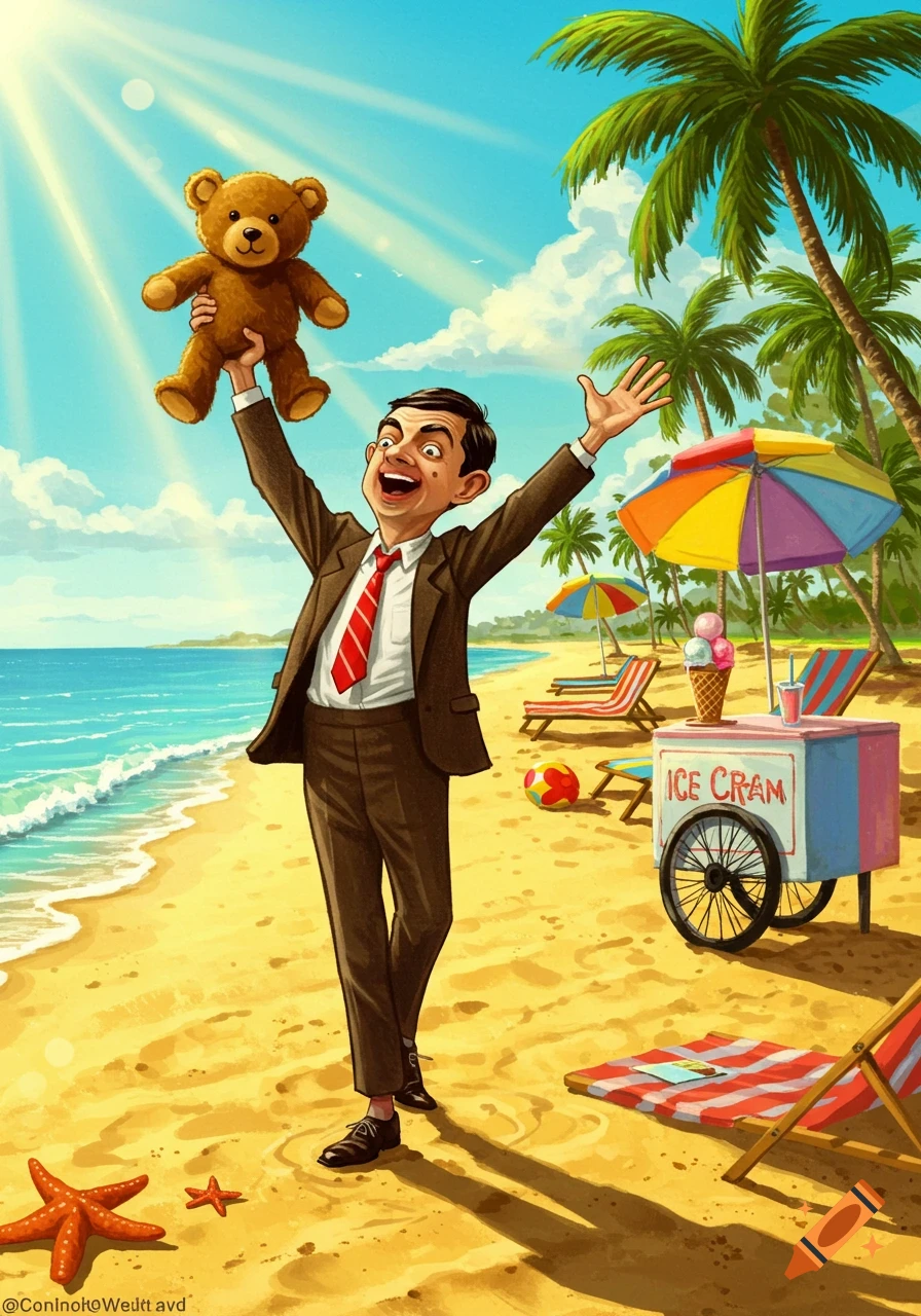 Cartoon illustration of Mr. Bean joyfully holding up his teddy bear on a sunny tropical beach.