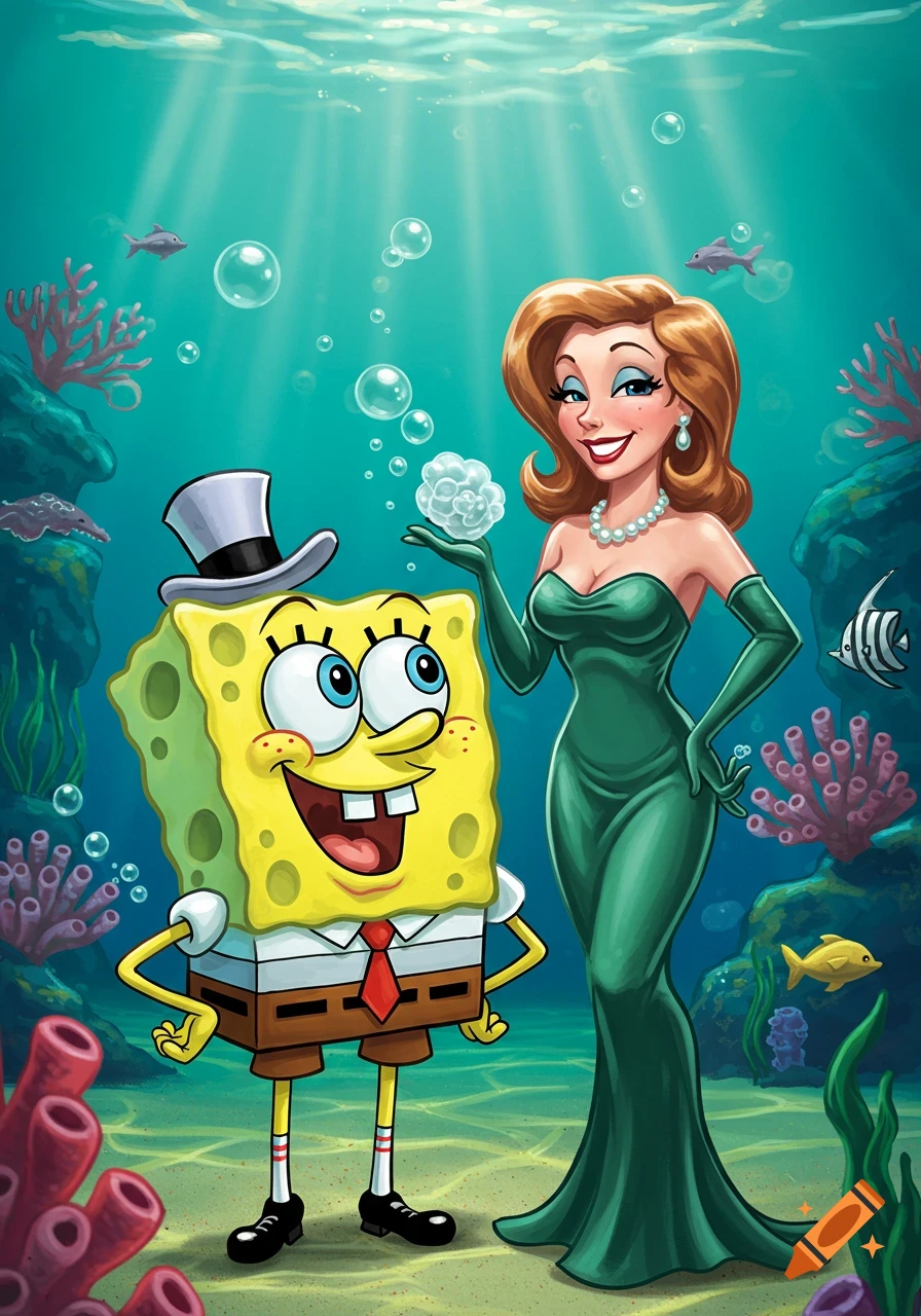 SpongeBob SquarePants in a top hat and suit stands next to a woman in a green gown and gloves, both underwater in a cartoon style.