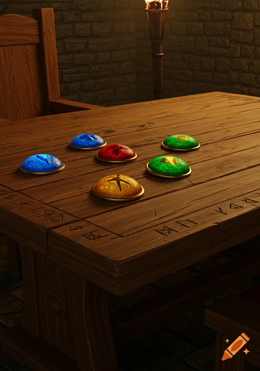 A dark, medieval room with a wooden table, featuring six glowing, colorful gemstone-like buttons and carved runes on its surface. A lit torch illuminates the background.